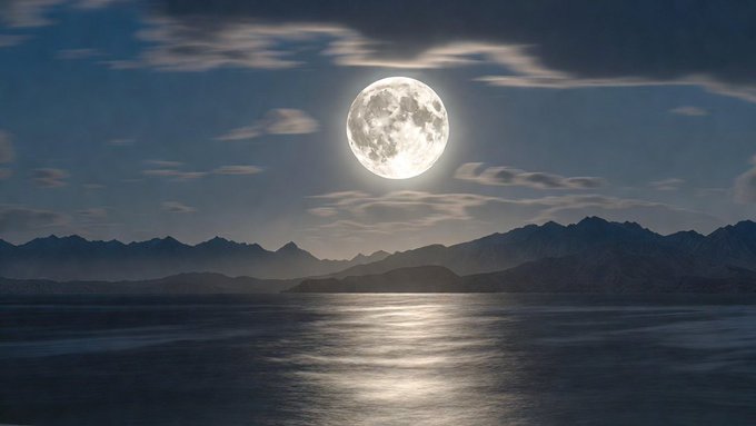 A stunning nighttime landscape showing a bright full moon over a calm sea, with silhouetted mountains and wispy clouds reflecting on the water's surface.