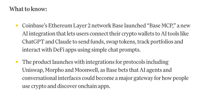 The image shows a white background with black text that reads "What to know: Coinbase's Ethereum Layer 2 network Base launched 'Base MCF' - a new Algorithmic Trading Platform (ATP) that lets users connect their crypto wallets to the blockchain, using ChatGPT and DeFi apps. The product launches with simple chat prompts."