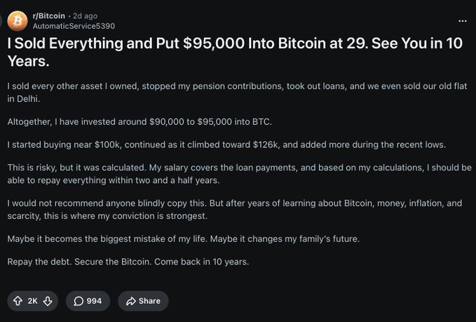 A Reddit post from r/Bitcoin by user AutomaticService5390 titled 'I Sold Everything and Put $95,000 Into Bitcoin at 29. See You in 10 Years.', describing selling all assets to invest in BTC.
