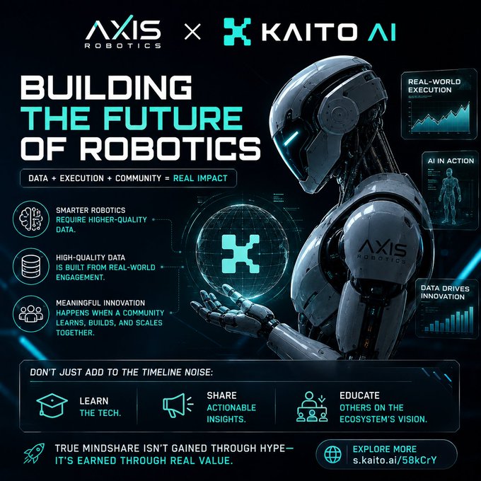 An advertisement for 'AXIS ROBOTICS x KAITO AI' titled 'BUILDING THE FUTURE OF ROBOTICS,' featuring a humanoid robot and emphasizing data, execution, and community for real-world impact.