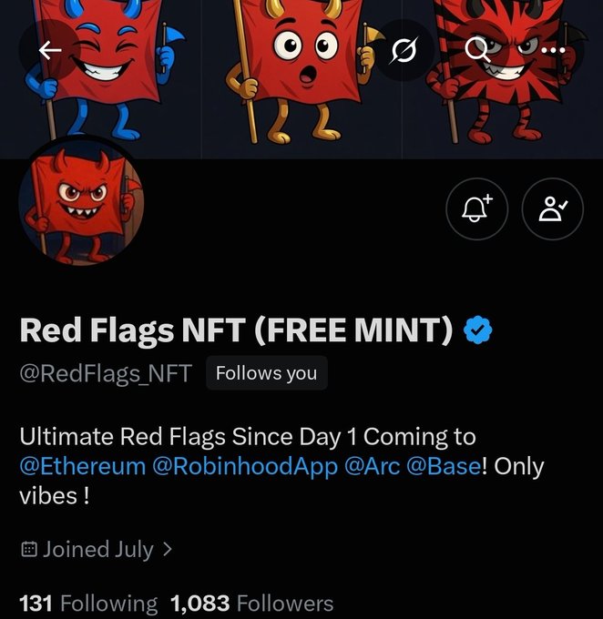 A Twitter/X profile for "Red Flags NFT (FREE MINT)" (@RedFlags_NFT) is displayed with a verified blue checkmark, showing red flag-shaped cartoon characters, 1,083 followers, and the tagline "Ultimate Red Flags Since Day 1" mentioning Ethereum, Robinhood, Arc, and Base.

The image illustrates the post's irony perfectly—despite the original tweet warning viewers that asking for details reveals "red flags," the profile itself is full of them: a free mint with TBA (to be announced) supply, vague platform references, and minimal following, all hallmarks of a potentially risky NFT launch.