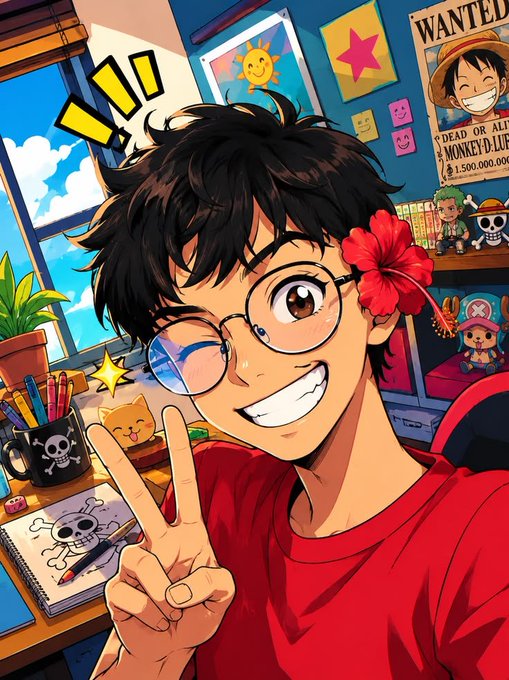 An anime-style illustration of a smiling young man with messy black hair, round glasses, and a red hibiscus flower behind his ear, making a peace sign in a vibrant room decorated with anime and One Piece merchandise.