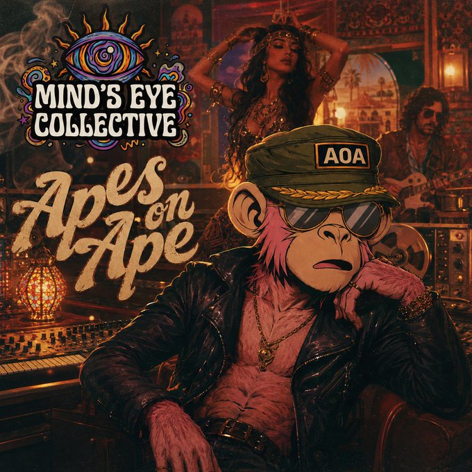 The image is a vibrant cover art for "Apes on Ape" by Mind's Eye Collective, featuring a stylized pink monkey character wearing an "AOA" cap, sunglasses, and a leather jacket in a warmly lit lounge setting. Behind the monkey, a belly dancer and guitarist set a retro, psychedelic vibe, with "MIND'S EYE COLLECTIVE" displayed prominently alongside an eye logo. The bold typography and artistic style align with the post's promotion of the track's release on SoundCloud.
