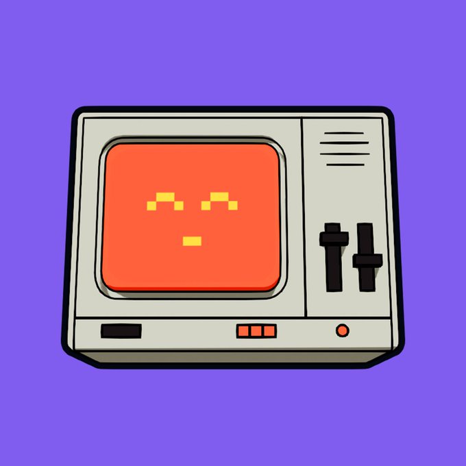 A cartoon illustration of a retro beige computer monitor displaying a pixelated orange face with eyes and a small mouth, set against a purple background.