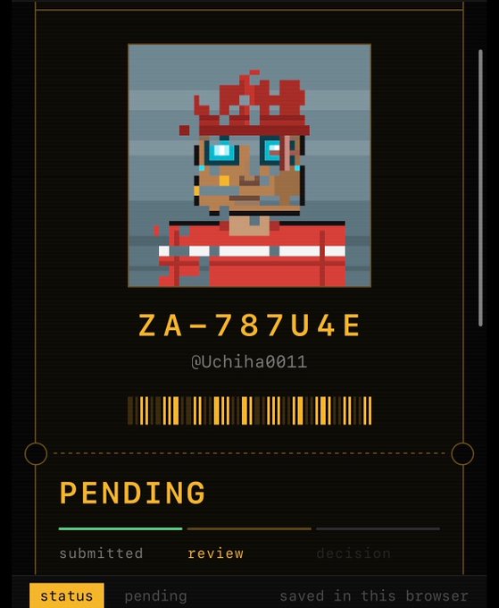 A digital trading card submission screen displaying pixel art of a red-haired character with the ID "ZA-787U4E," user "@Uchiha0011," and a "PENDING" status with progress bar.