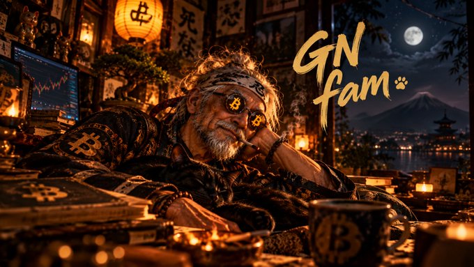 A stylized illustration of a man with glowing Bitcoin-symbol pupils at a desk surrounded by cryptocurrency-related items, with 'GN fam' written in gold script and a mountain and pagoda in the background.