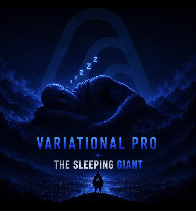 A promotional image titled "VARIATIONAL PRO: THE SLEEPING GIANT" showing a giant figure sleeping with Z's above it, with a small person silhouetted against a city below.