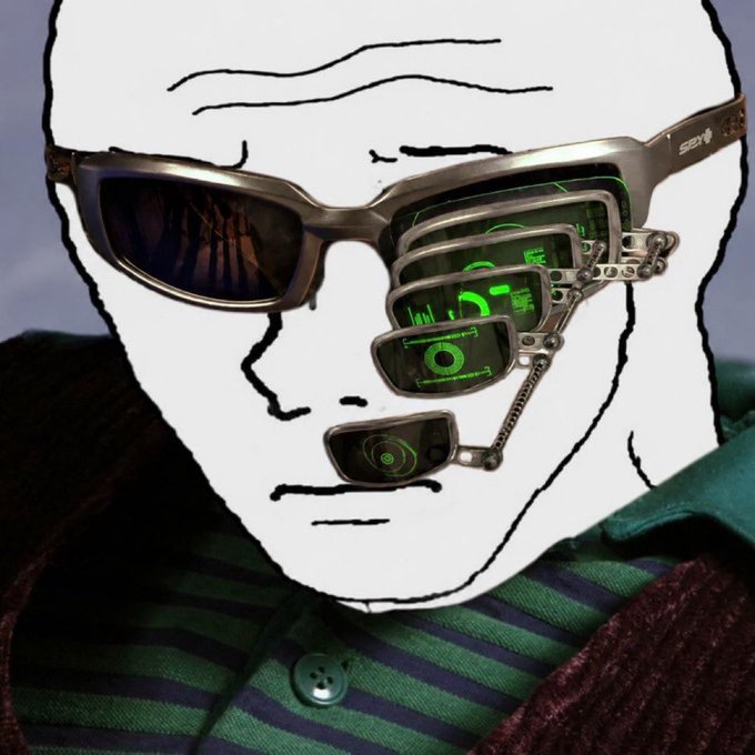 A crudely drawn Wojak-style face wears futuristic metallic sunglasses that extend into a cascading HUD display with green radar/analytics readouts, merging the meme's recognizable aesthetic with sci-fi surveillance tech. The image visualizes a bullish analytical case for the $WOJAK token on Ethereum by dressing the iconic Wojak character as a high-tech analyst literally running on-the-nose market data through his eyewear.