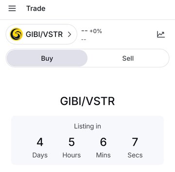 A mobile trading app interface showing the GIBI/VSTR trading pair with a 'Buy/Sell' toggle and a listing countdown timer at 4 days, 5 hours, 6 minutes, 7 seconds.