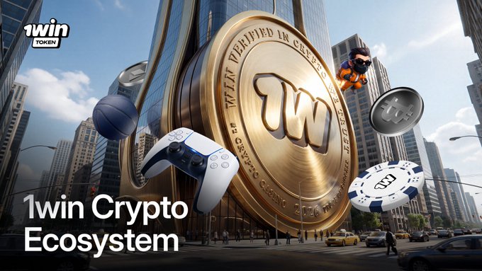 Promotional graphic for "1win Crypto Ecosystem" featuring a large gold coin with "1W" embossed on it, alongside gaming icons including a PlayStation controller, poker chip, and basketball.