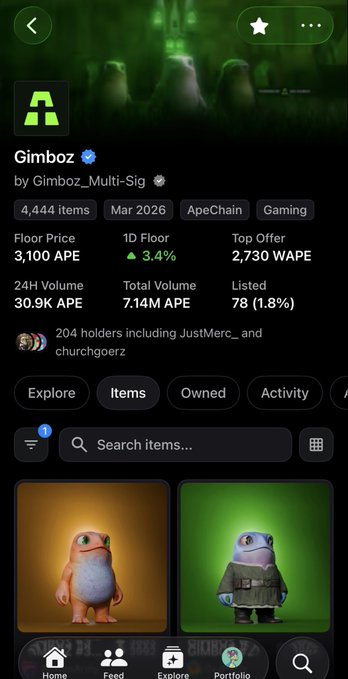 A mobile screenshot of a digital marketplace displays the collection 'Gimboz' by Gimboz_Multi-Sig, showing NFT items, a floor price of '3,100 APE', and a 24H volume of '30.9K APE'.