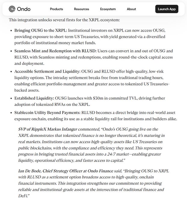 A webpage from Ondo announcing OUSG's launch on the XRPL, highlighting features like seamless RLUSD minting and $30m in committed TVL, with a quote from SVP of RippleX Markus Infanger.
