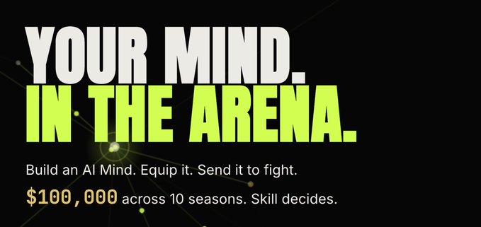 A black promotional graphic reads 'YOUR MIND. IN THE ARENA.' in bold white and green text, advertising an AI competition with '$100,000 across 10 seasons. Skill decides.'