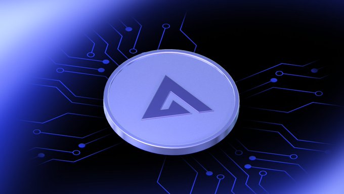 Image 9 depicts a 3D rendered coin or token with a triangular logo, set against a blue circuit board background, representing a cryptocurrency or blockchain technology.