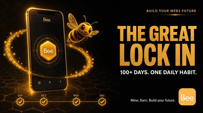 This image promotes "The Great Lock In" with "100+ Days. One Daily Habit." featuring the Bee Network app and its logo. It aligns with the post's call to action to "Mine every day" and "Build your Web3 future."