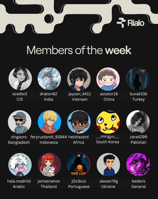 The image shows a "Members of the Week" graphic from Rialo HQ's Discord, featuring 15 highlighted users from various regional channels including jayson_4411 (Vietnam), drakon62 (India), azadsx3 (CIS), astator18 (China), and burak33b (Turkey), among others. This relates to the caption by celebrating jaysonzzzzz_ as the top contributor in the Vietnam channel, recognized not for message volume but for meaningful, thoughtful engagement like helping newcomers late at night and offering honest feedback.