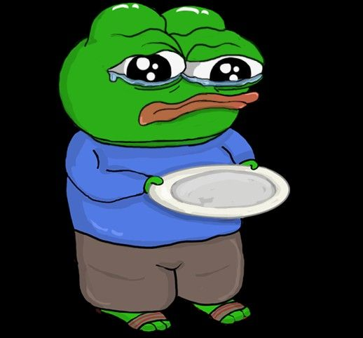 A sad Pepe the Frog cartoon character wearing a blue shirt and brown shorts holds out an empty plate while crying big watery tears, hopeful for something to eat. The image humorously illustrates the post's message, depicting a longing for even the smallest bit of price volatility in Bitcoin—represented by the empty plate as a "crumb."