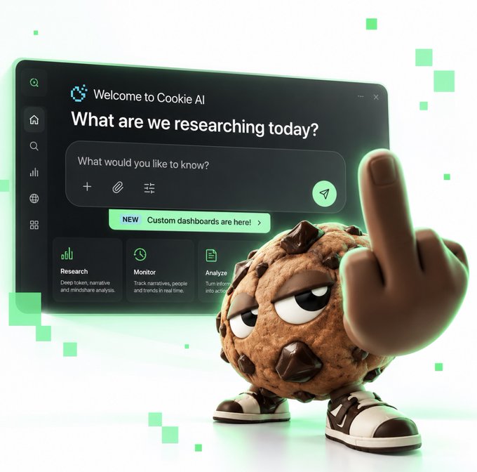 The image features a cartoon cookie character wearing sneakers and giving the middle finger, standing in front of a "Cookie AI" software interface that displays "Welcome to Cookie AI" and "What are we researching today?" along with options for Research, Monitor, and Analyze features. This bold, defiant imagery perfectly captures the post's rebellious "F*CK THE HATERS, COOKIE IS BACK" message, visually representing Cookie AI's confident comeback with its mascot literally flipping off critics.