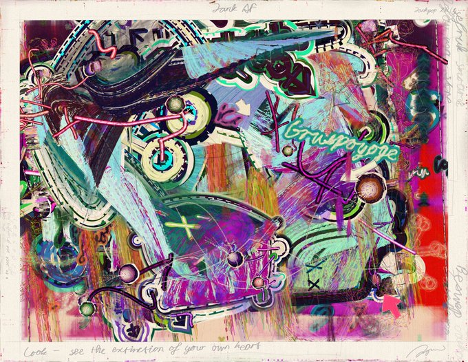 An abstract mixed-media artwork features chaotic splashes of color, graffiti-style text, and digital glitch effects with the handwritten text 'Look - see the extraction of your own heart' at the bottom.
