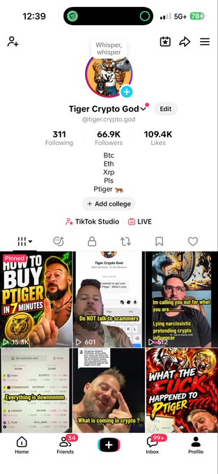 A TikTok profile page for 'Tiger Crypto God' (@tiger.crypto.god) showing 311 following, 66.9K followers, 109.4K likes, with bio listing 'Btc, Eth, Xrp, Pls, Ptiger' and videos about Pi cryptocurrency.