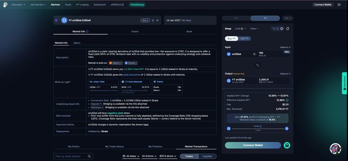 A screenshot of a cryptocurrency trading interface displaying the YT ysUSDe 0d18d6 market information page with details on yield, APY (12.50%), and market stats including Volume (2,200.35) and TVL (2,039.31 YT).