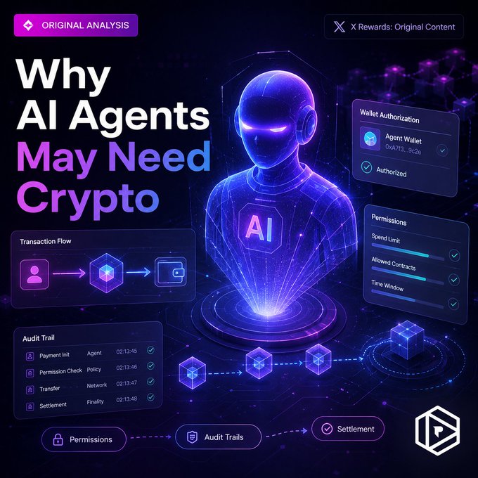 Digital article cover titled "Why AI Agents May Need Crypto" labeled as "ORIGINAL ANALYSIS" with "X Rewards: Original Content," depicting a glowing blue AI figure with panels for Wallet Authorization, Permissions, Transaction Flow, and Audit Trail.