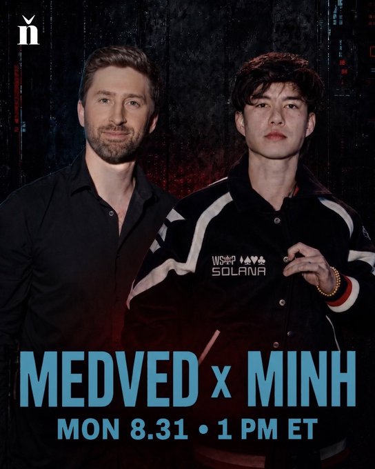 Promotional poster featuring two men, "Medved x Minh," with event details "Mon 8.31 • 1 PM ET" and the Solana logo at the top.
