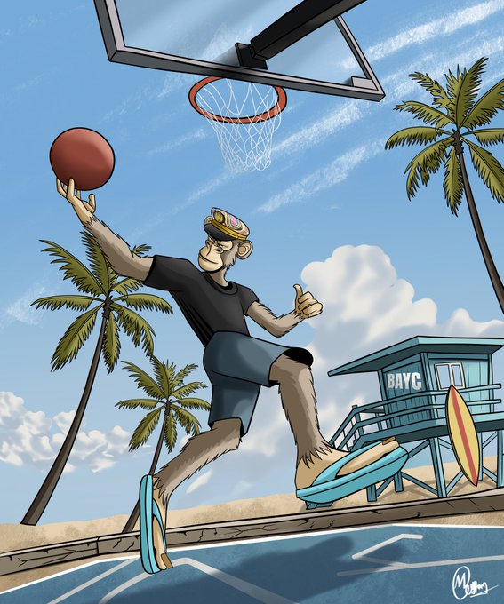 A cartoon-style illustration of a monkey wearing a crown, goggles, and sandals performing a slam dunk on a beachside basketball court with palm trees and a 'BAYC' lifeguard tower.