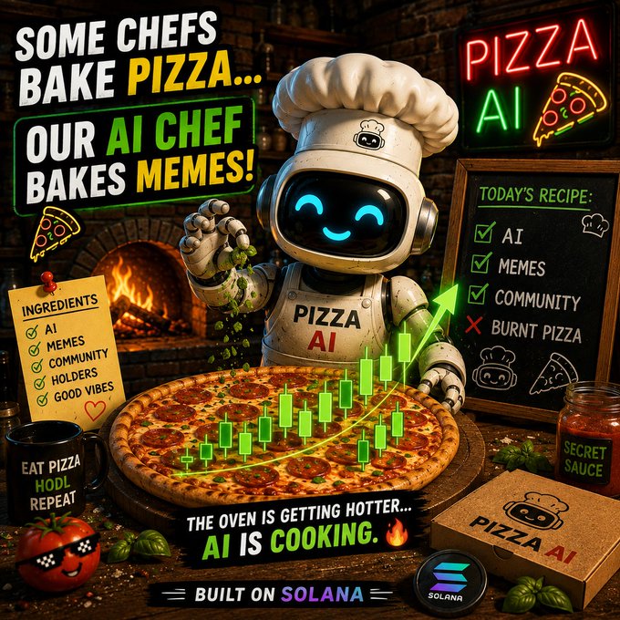 A promotional graphic for "Pizza AI" on Solana features a cartoon robot chef sprinkling herbs over a pepperoni pizza, with text reading "SOME CHEFS BAKE PIZZA... OUR AI CHEF BAKES MEMES!" and "BUILT ON SOLONA," alongside a recipe board listing "AI, MEMES, COMMUNITY, BURNT PIZZA."