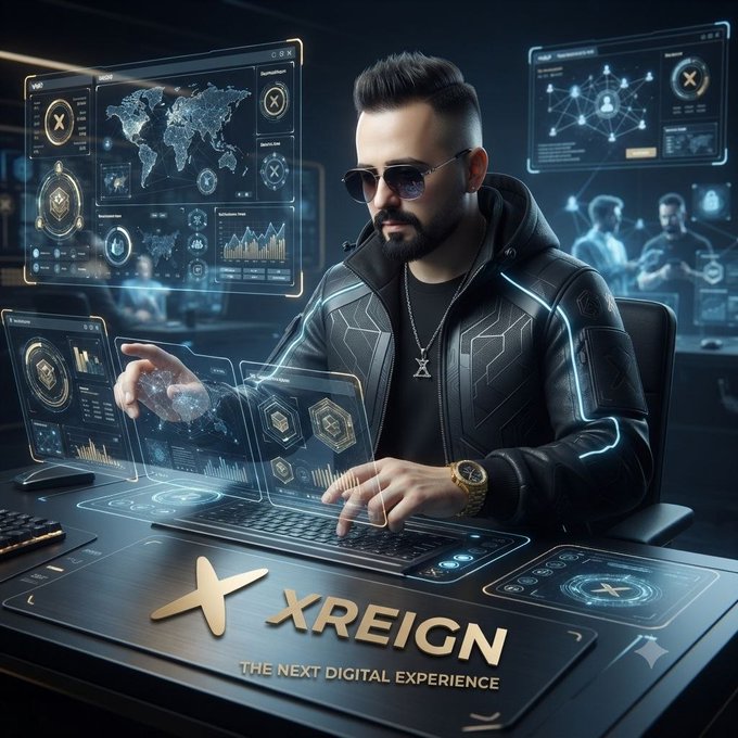 A futuristic digital marketing image featuring a bearded man in sunglasses and a black jacket working with holographic UI screens, branded 'XREIGN - THE NEXT DIGITAL EXPERIENCE' with a stylized X logo.