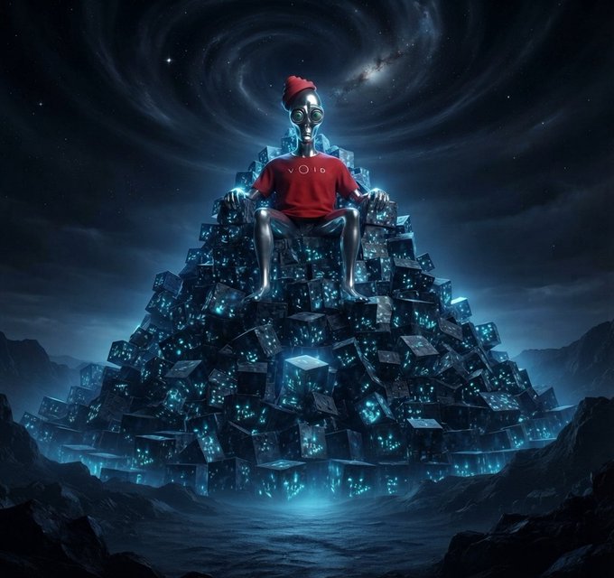 A digital artwork shows an alien-like figure with a red beanie and a red 'VOID' t-shirt sitting on a throne made of glowing black cubes, set against a dark swirling galaxy background.