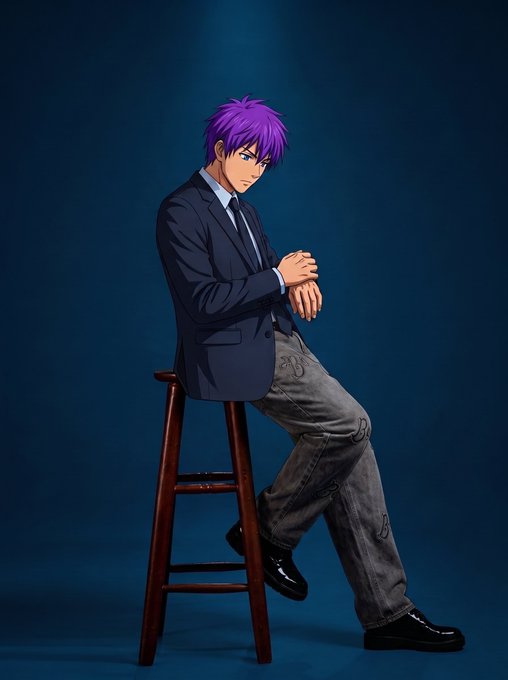 An anime-style illustration of a man with purple hair wearing a dark blazer, white shirt, tie, and grey patterned trousers, sitting on a wooden stool against a dark blue background while adjusting his sleeve.