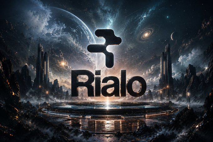 A dramatic sci-fi landscape featuring a futuristic floating structure, distant planets, and glowing lights, overlaid with the word 'Rialo' and a distinctive logo.