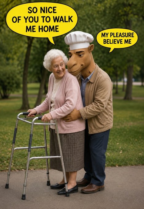 A comedic edited photo of an elderly woman with a walker beside a man with a horse mask in a chef's hat, with speech bubbles: 'SO NICE OF YOU TO WALK ME HOME' and 'MY PLEASURE BELIEVE ME'.