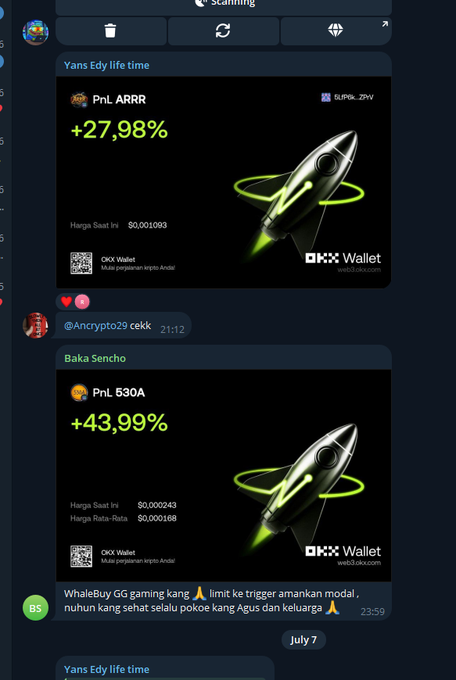 The image shows two Telegram bot "Scanning" alerts from Yans Edy life time and Baka Sencho displaying significant price pumps: PnL ARRR +27.98% with an entry price of $0.001003, and PnL 530A +43.99% with entry $0.000243 and average $0.000166, both featuring rocket ship graphics. This visually confirms the post celebrating the ARRR and 530A pump gains.