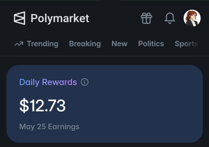 A Polymarket app screen displays a list of daily rewards, including $12.73 and $25.00, with a chatbot icon on the right side.