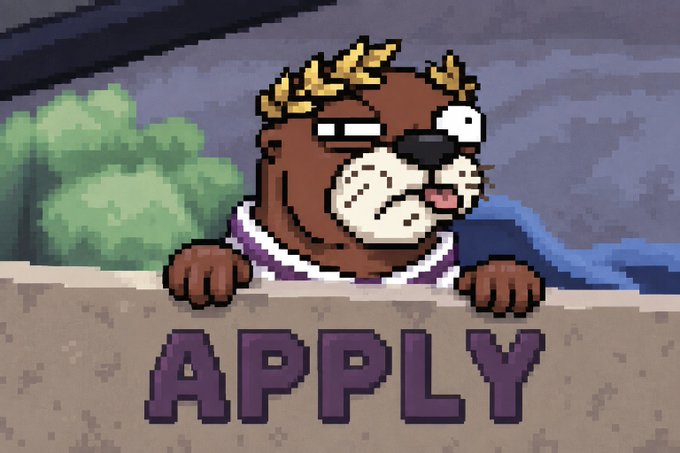 Pixel art of a cartoon bear with a gold crown peeking over a stone wall with "APPLY" written on it.
