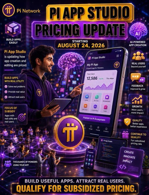 A promotional graphic for Pi Network's "Pi App Studio Pricing Update" starting August 24, 2026, highlighting a new pricing model that rewards real utility, with key figures including 12,588 total users and a 4.4% weekly growth rate. The image visually supports the post by showcasing app-building features, AI-powered creation tools, and the tagline "Build useful apps, attract real users, qualify for subsidized pricing."