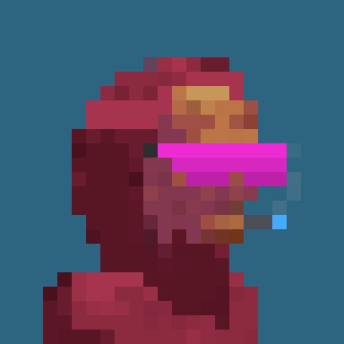 A low-resolution pixel art image shows a figure in red wearing a pink visor or goggles against a solid teal background.