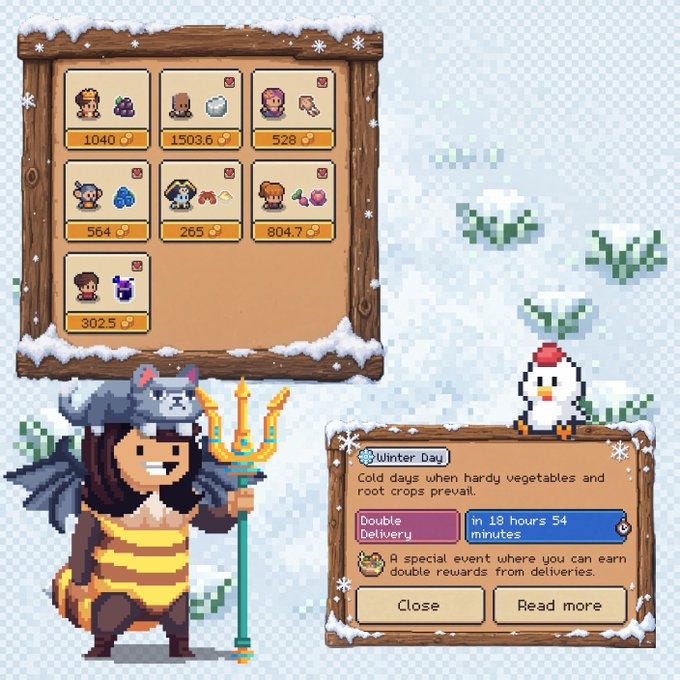 A pixel-art character dressed in a yellow and black striped outfit with a horned helmet holds a golden trident next to a wooden notice board displaying character portraits with gold values (1040, 1503.6, 528, 564, 265, 804.7, 3025), while a winter-themed panel announces "Winter Day" and a "Double Delivery" event starting "in 18 hours 54 minutes" for the game 0xSunflowerLand. The image directly supports the post's announcement of the upcoming double delivery event, showing the in-game notification confirming the timing of this special event.