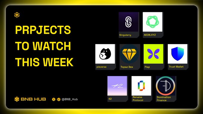 The image features a poster with various logos, including one for Binance Hub, another for SingularlyAI, and a third for MEXC. The poster also includes text that reads "Top projects to watch this week @BNBChain @singularryai officially launched trading on MEXC alongside a major 40,000 USDT airdrop campaign to scale their AI DeFi copilot". This suggests that the poster is promoting a project called Binance Chain and SingularlyAI, which are both related to cryptocurrency and artificial intelligence. The image also contains text about an ongoing campaign for airdrops on MEXC, indicating that there might be some sort of financial incentive or reward associated with the projects being watched this week.