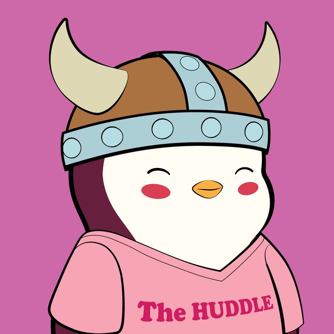 A cartoon penguin wearing a viking helmet with horns and a pink shirt that reads "The HUDDLE" is featured on a bright pink background, representing the Pudgy Penguins NFT project mentioned in the post about the purchase of Pudgy Penguin #7907 for 3.830 ETH on OpenSea.