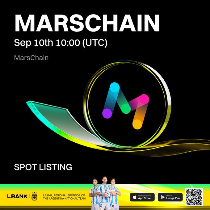 A promotional graphic for 'MARSCHAIN' spot listing on Sep 10th 10:00 (UTC) on LBank, featuring the Argentina National Team as a regional sponsor.
