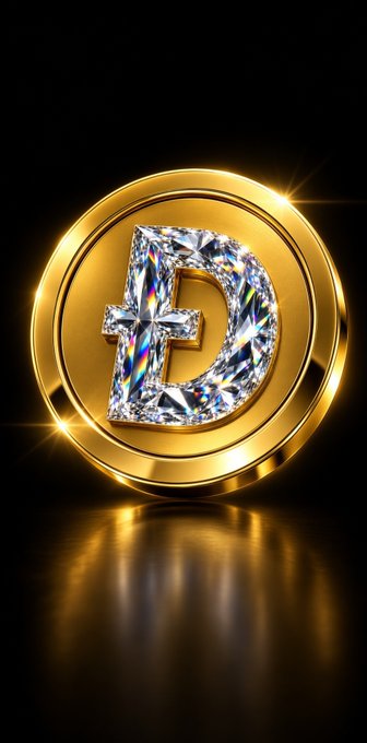 A digital rendering of a golden Dogecoin-style coin featuring a large, diamond-encrusted letter 'D' against a black background.