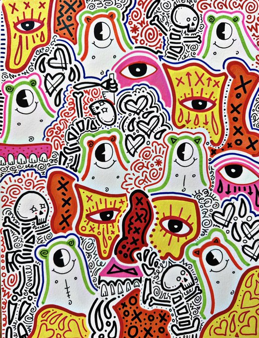A vibrant, chaotic doodle-style illustration featuring repeating motifs of eyes, skulls, hearts, bones, and creatures rendered in bold black outlines with bright yellow, pink, red, green, and blue accents.