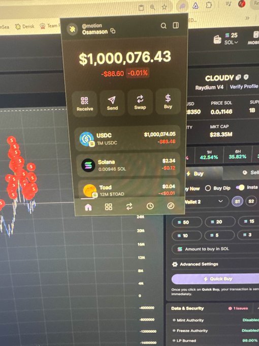 A photo of a computer screen displaying a Phantom wallet for user @motion showing a balance of $1,000,076.43 (-$86.60, -0.01%), holding 1M USDC, Solana, and 12M $TOAD tokens, with a trading chart visible in the background.