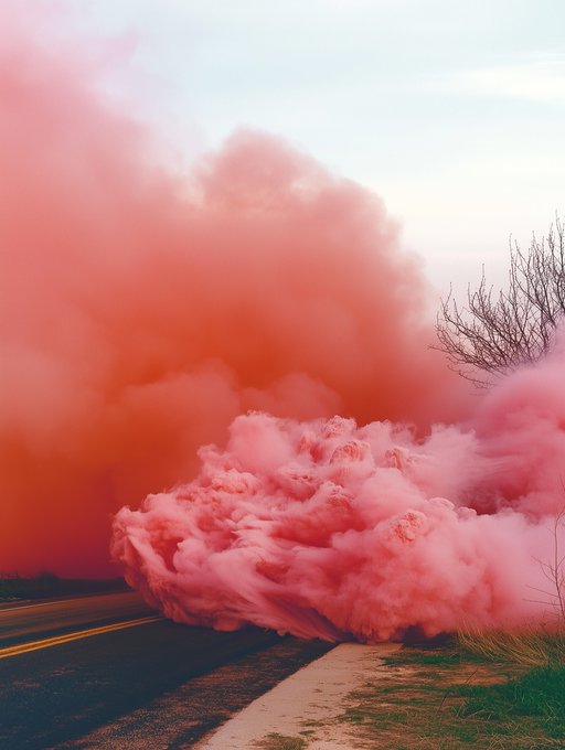 A billowing cloud of vibrant pink smoke engulfs a rural roadside, creating a striking contrast against the muted sky and bare tree branches. The dreamlike, surreal scene evokes the ephemeral nature of a fleeting moment—much like a transient art piece on the blockchain, where color and form dissolve as quickly as they appear.