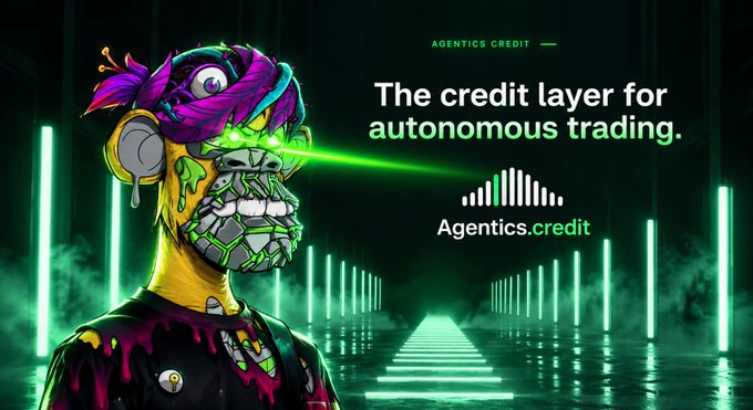 A neon green and black promotional banner for 'Agentics.credit' features a stylized character with purple hair and reads 'The credit layer for autonomous trading.'