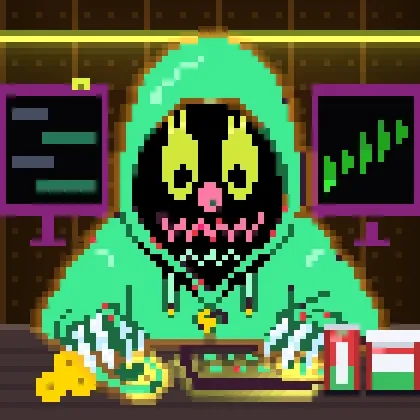 Pixel art depicting a creepy green figure with a wide, toothy smile sitting at a desk with multiple monitors displaying charts, alongside cheese and a soda can.