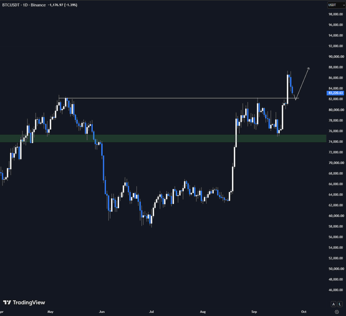 A TradingView candlestick chart for BTCUSDT on Binance, showing a daily price movement of -1,176.97 (-1.39%) with recent highs near 86,000.00 and a horizontal support zone around 74,000-75,000.
